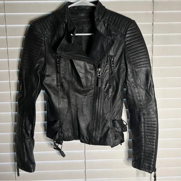 Zara Black Leather Moto Jacket with Quilted Sleeves - Picture 1 of 5